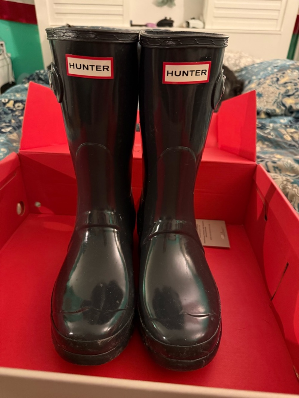 Hunter Glossy Grey Short Rain Boots with Red Logo